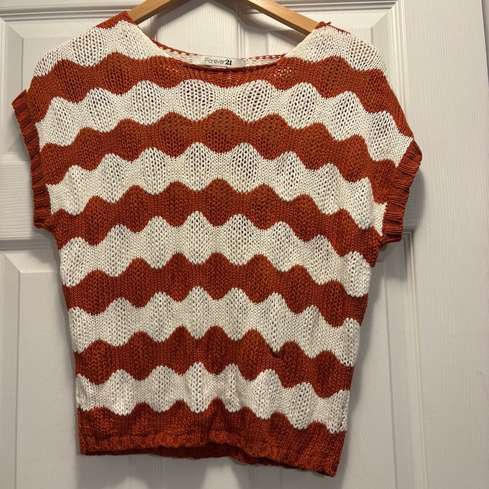 Forever 21 Orange and White Knit Short-Sleeve Sweater